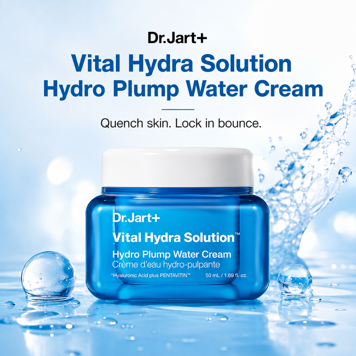 Dr.Jart+ Vital Hydra Solution Hydro Plump Water Cream in a blue jar with a white cap, set against a water-splashed light blue background with product text above.