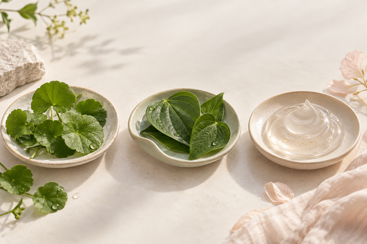 Korean skincare guide comparing centella, heartleaf and snail mucin