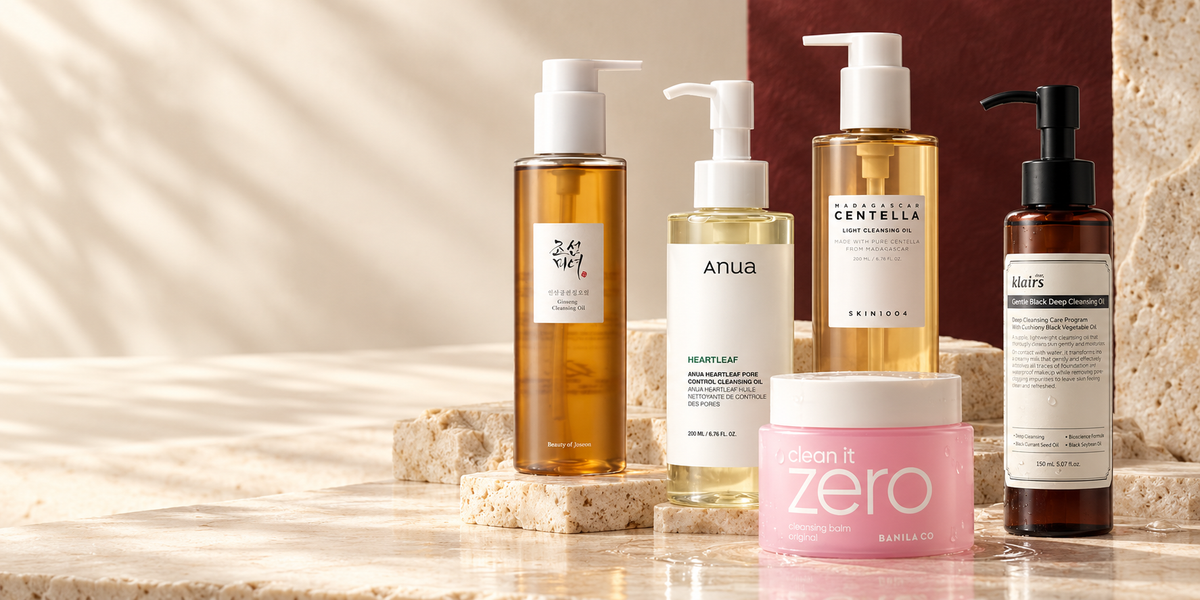 Koreanska rengöringsoljor och cleansing balms i en exklusiv editorial-bild