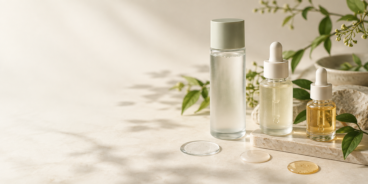 Koreaanse essence, serum en ampul in een premium skincare-editorial