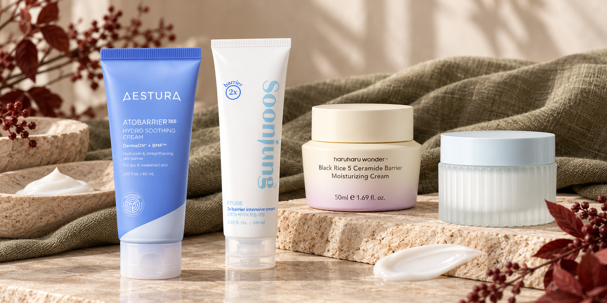 AESTURA, SoonJung, Haruharu Wonder and TOCOBO ceramide barrier creams in a premium fall editorial still life
