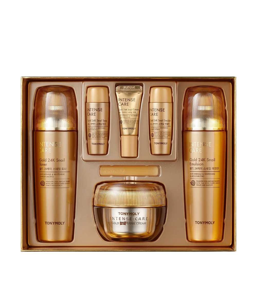 Imagen oficial del set de tres productos TONYMOLY Intense Care Gold 24K Snail
