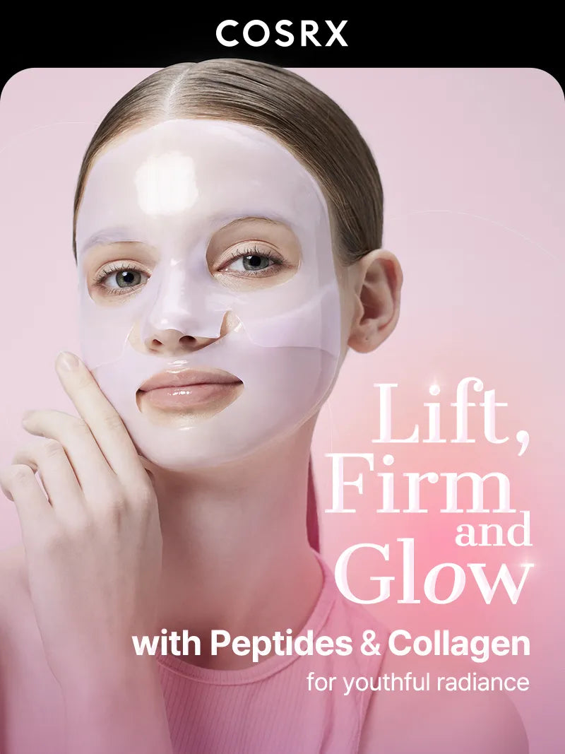 COSRX Peptide Collagen Lifting Glow Hydrogel Mask shown on the face