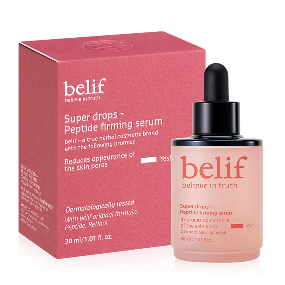 belif Super Drops Peptide Firming Serum 30ml bottle and carton, front view