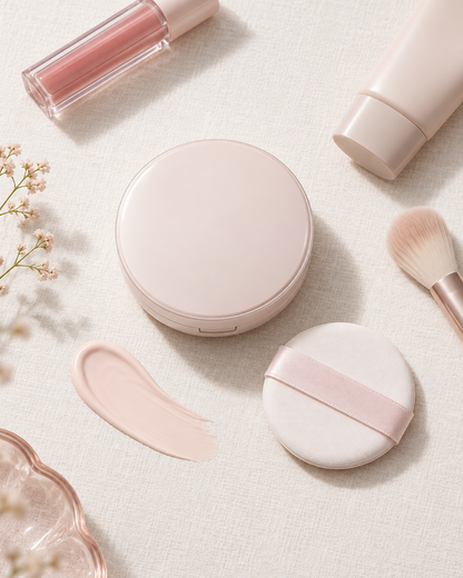 rom&amp;nd Back Me Tone Up Sun Cushion SPF50+ flat lay with puff and texture, supplemental lifestyle visual