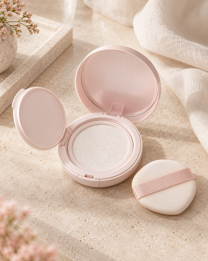 rom&amp;nd Back Me Tone Up Sun Cushion SPF50+ open compact and puff, supplemental lifestyle visual